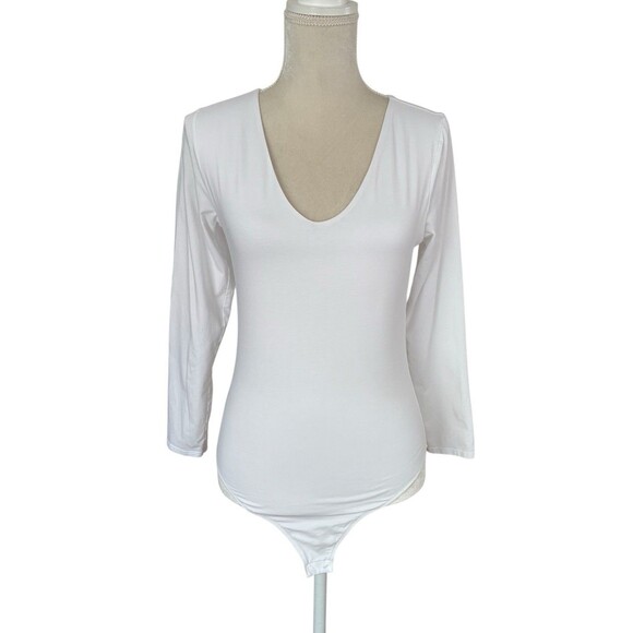 Everlane Supima Cotton V Neck Bodysuit Women's Sz Large Long Sleeve Snap Crotch - Picture 1 of 11